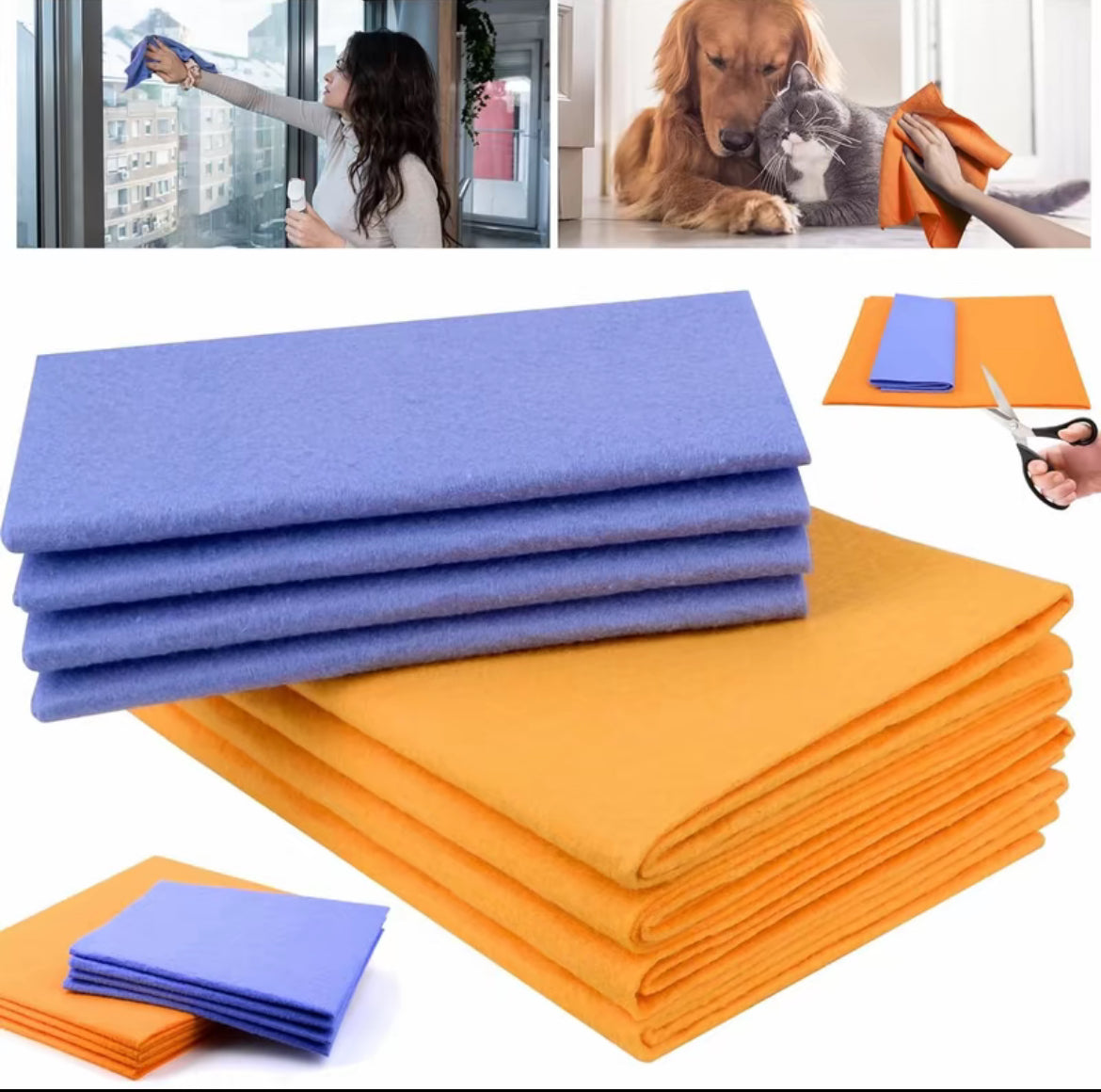 Stack of blue and orange cloths with images of cleaning, pets, and cutting cloths.