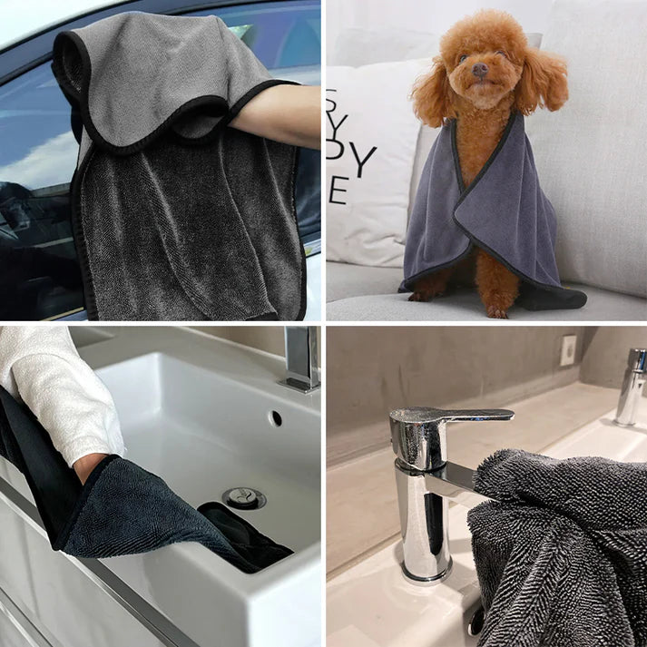 Collage of a microfiber towel being used on a car, a dog, in a sink, and near a faucet.