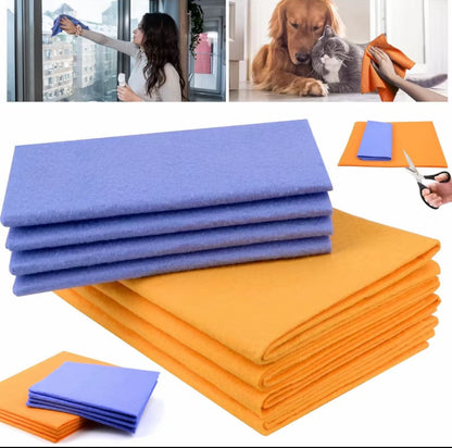 Stack of blue and orange cloths with images of cleaning, pets, and cutting cloths.
