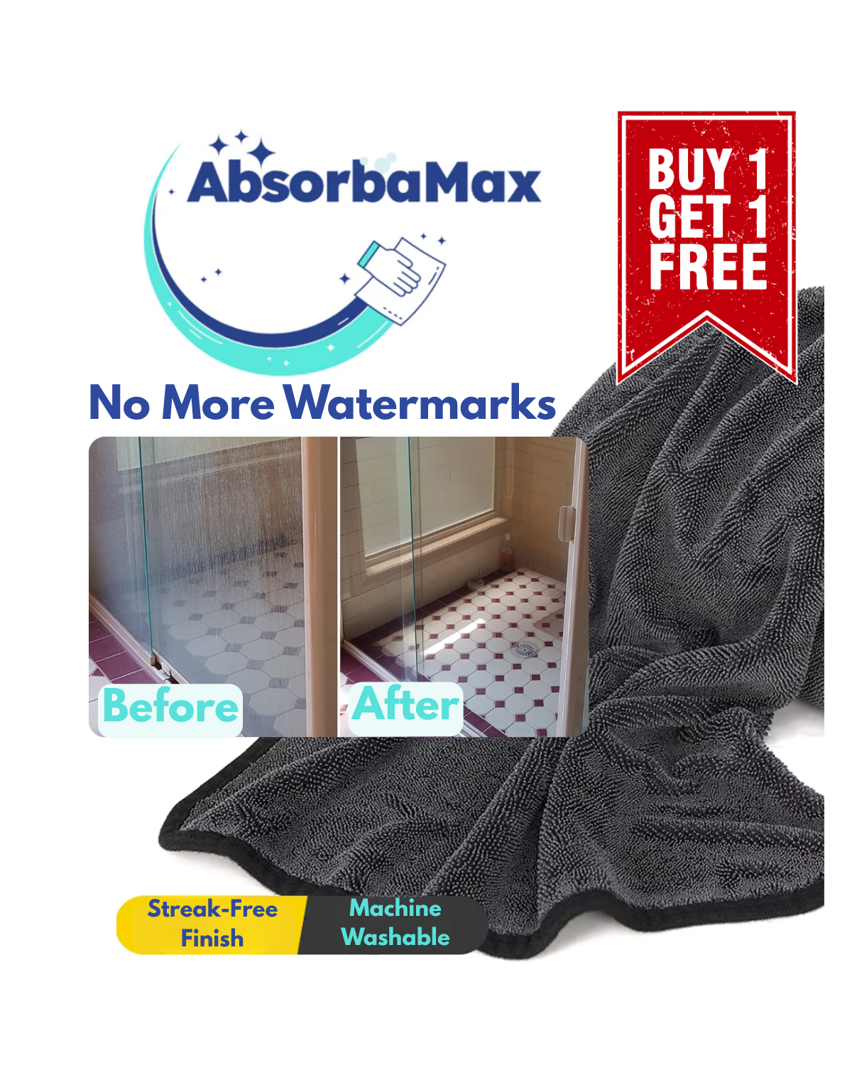 AbsorbaMax XL DryShield Towel – Streak-Free Shower Screen Glass & Chrome Cleaning Cloth